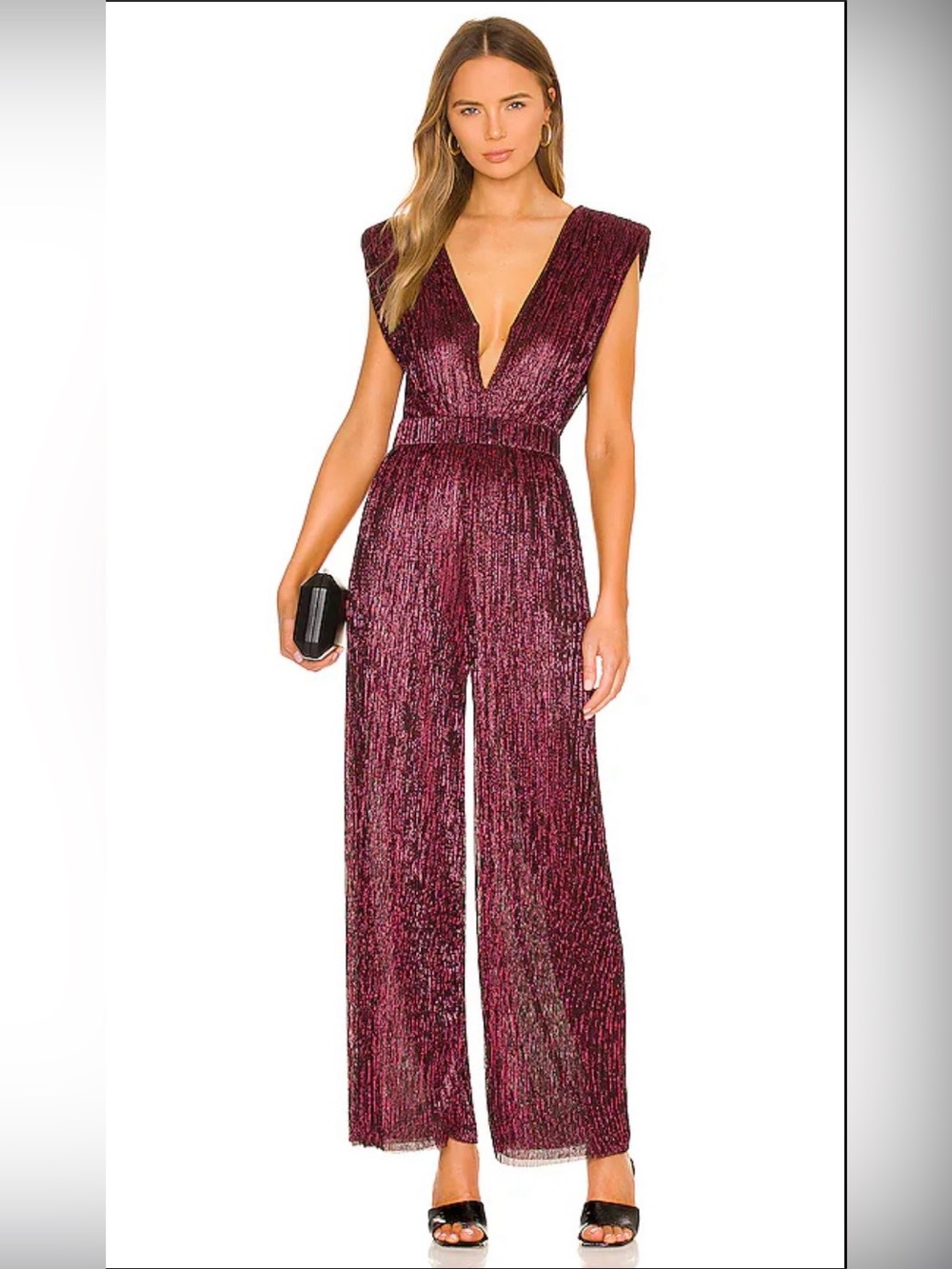 Sabina Musayev Orin Jumpsuit Metallic Burgundy Deep-V Wide-Leg Jumpsuit